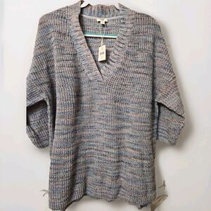 J Jill Cotton Chunky Knit Boxy VNeck Lagenlook Split Hem Sweater NWT SZ XL